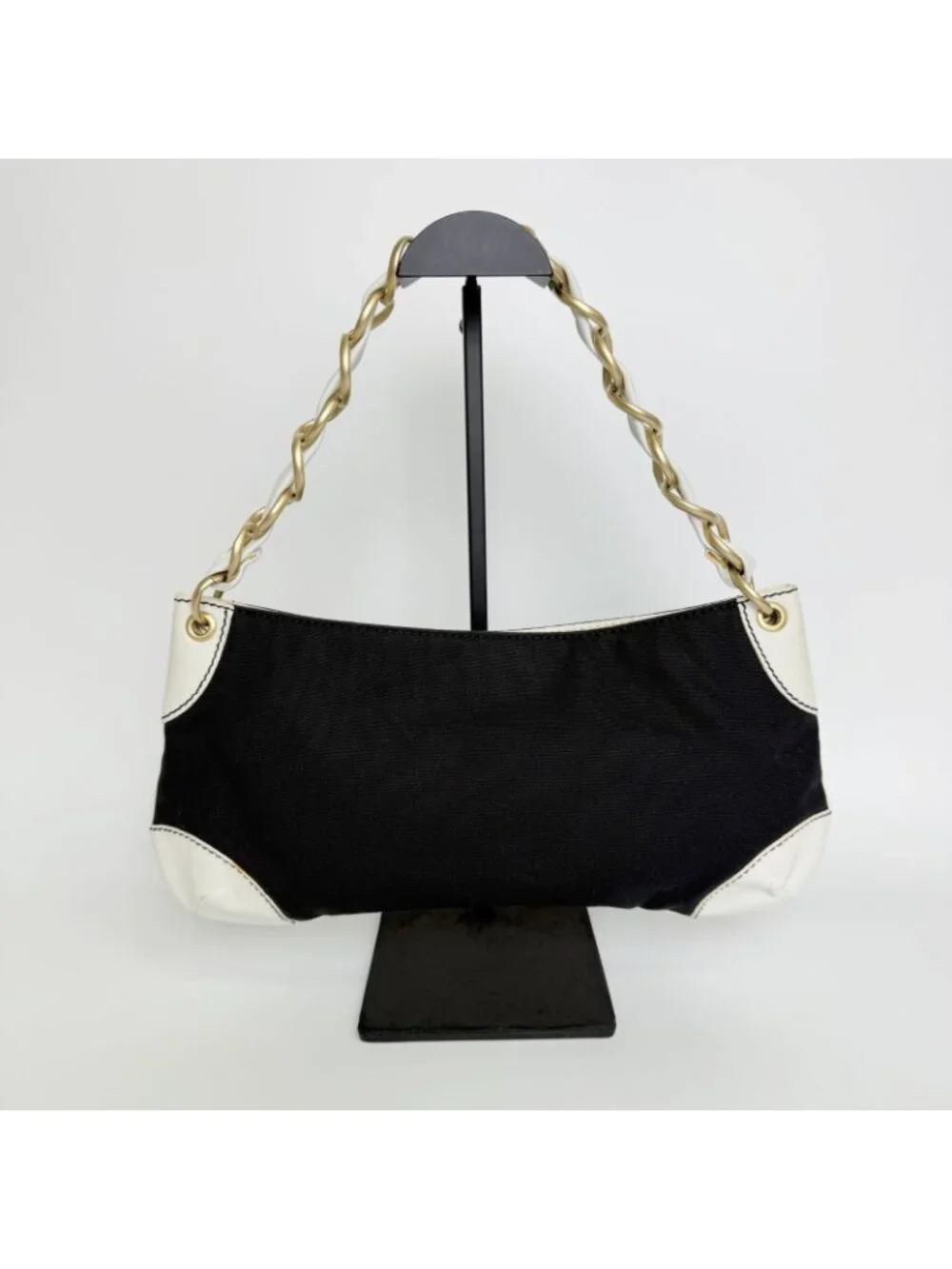 Chanel CC Logo Chain Shoulder Bag Canvas Leather Black White Gold Vintage